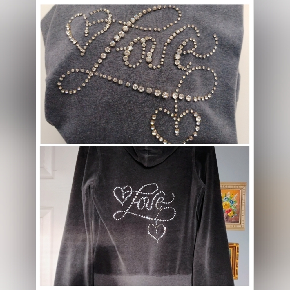 VINTAGE OOAK Dark Gray Velour Hoodie w/Rhinestones & Satin Details Size Small ❤️ - Picture 7 of 9